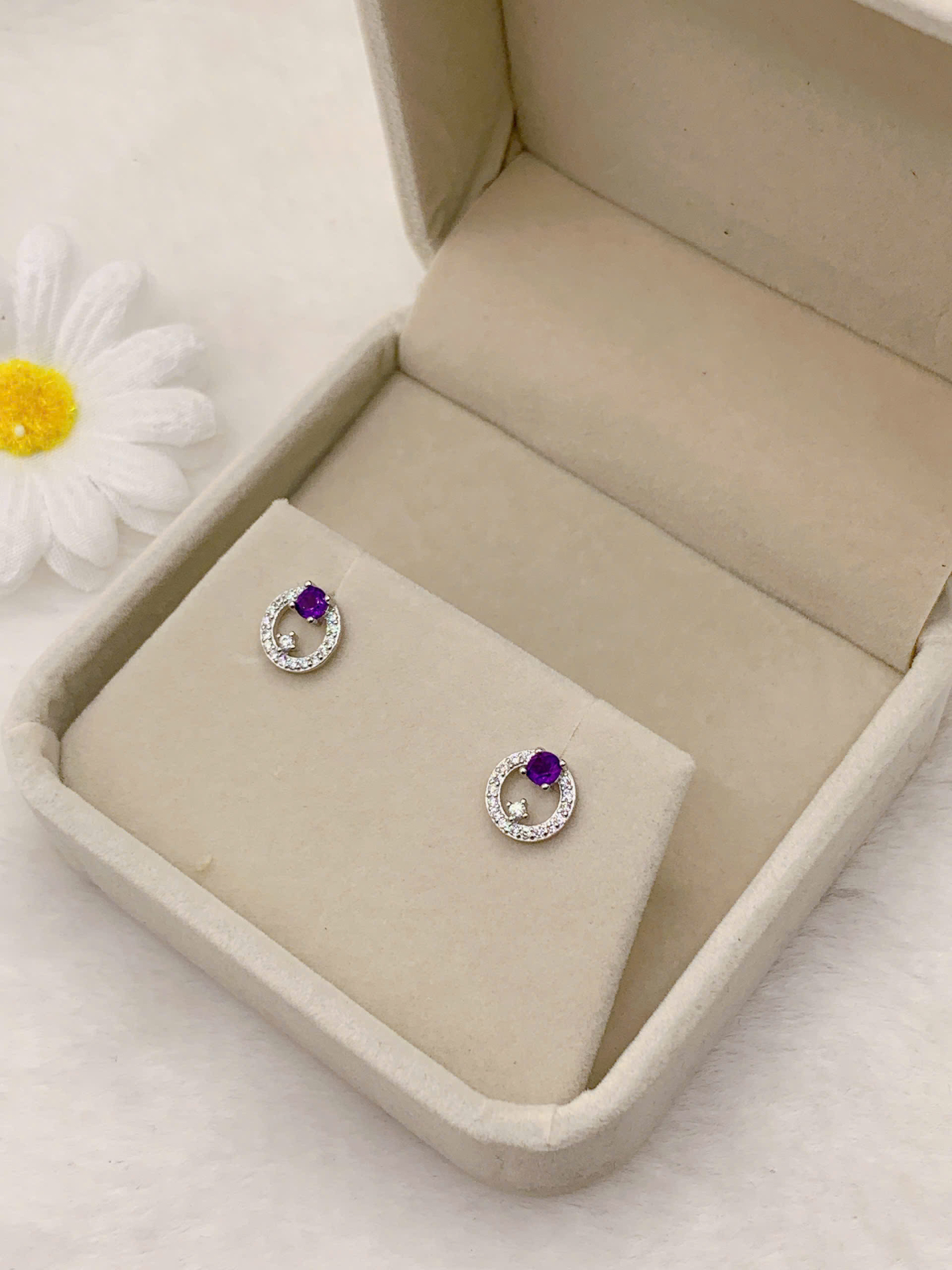 Hoa Tai Đá Amethyst 3mm Bạc 925 - PA026