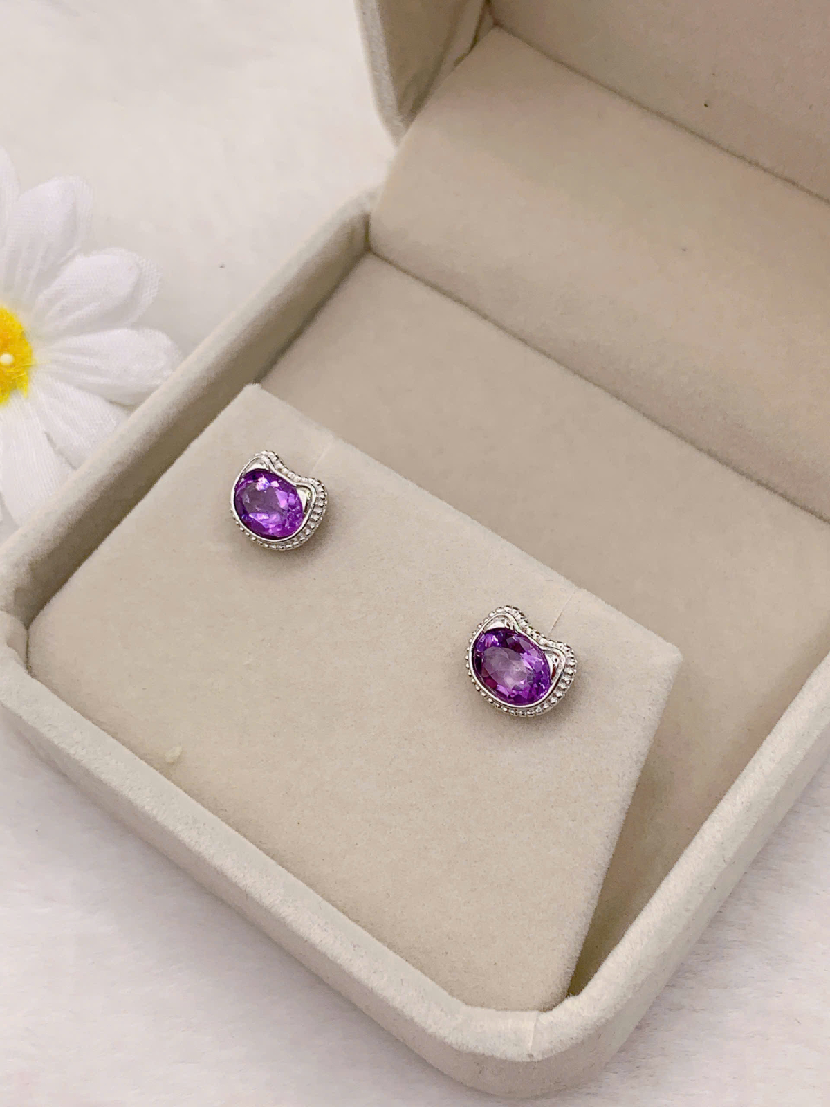 Hoa Tai Đá Amethyst 6*8mm Bạc 925 - PA022
