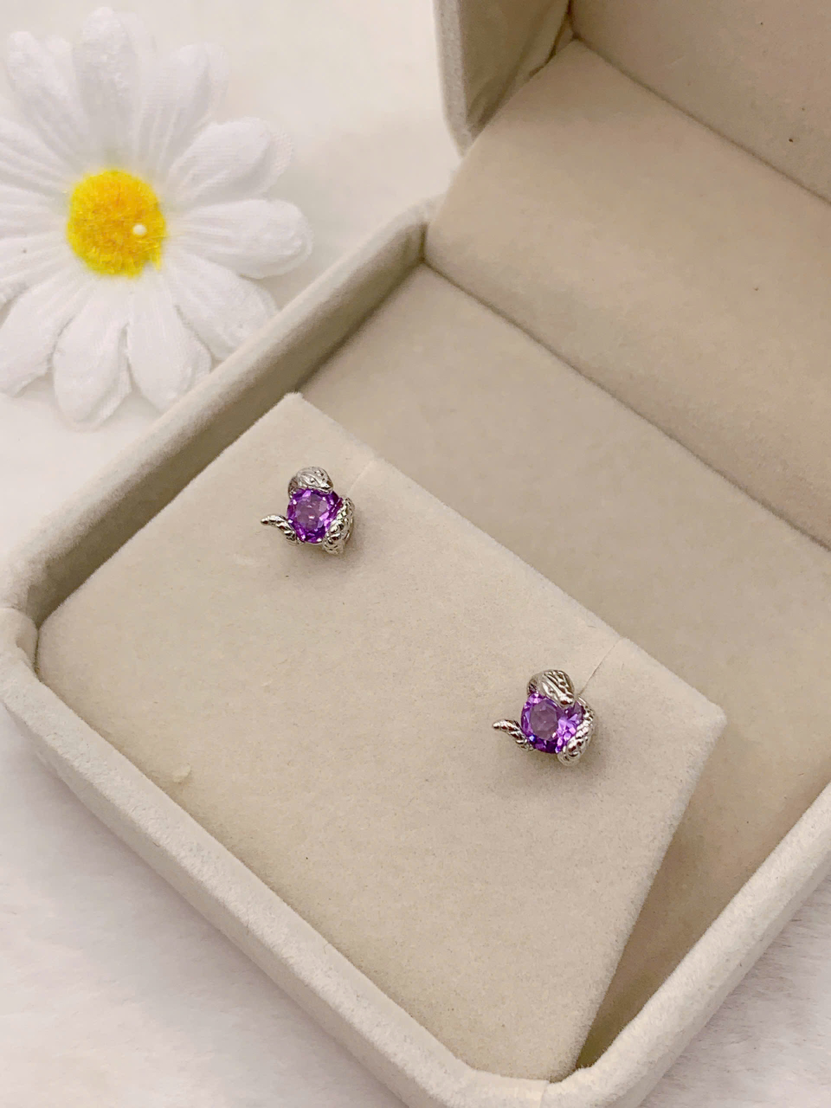 Hoa Tai Đá Amethyst 5mm Bạc 925 - PA028