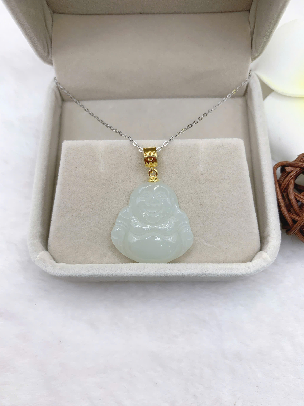 Mặt dây chuyền Phật Di Lặc Bạch Ngọc 23*24mm bạc 925-EW3330-2