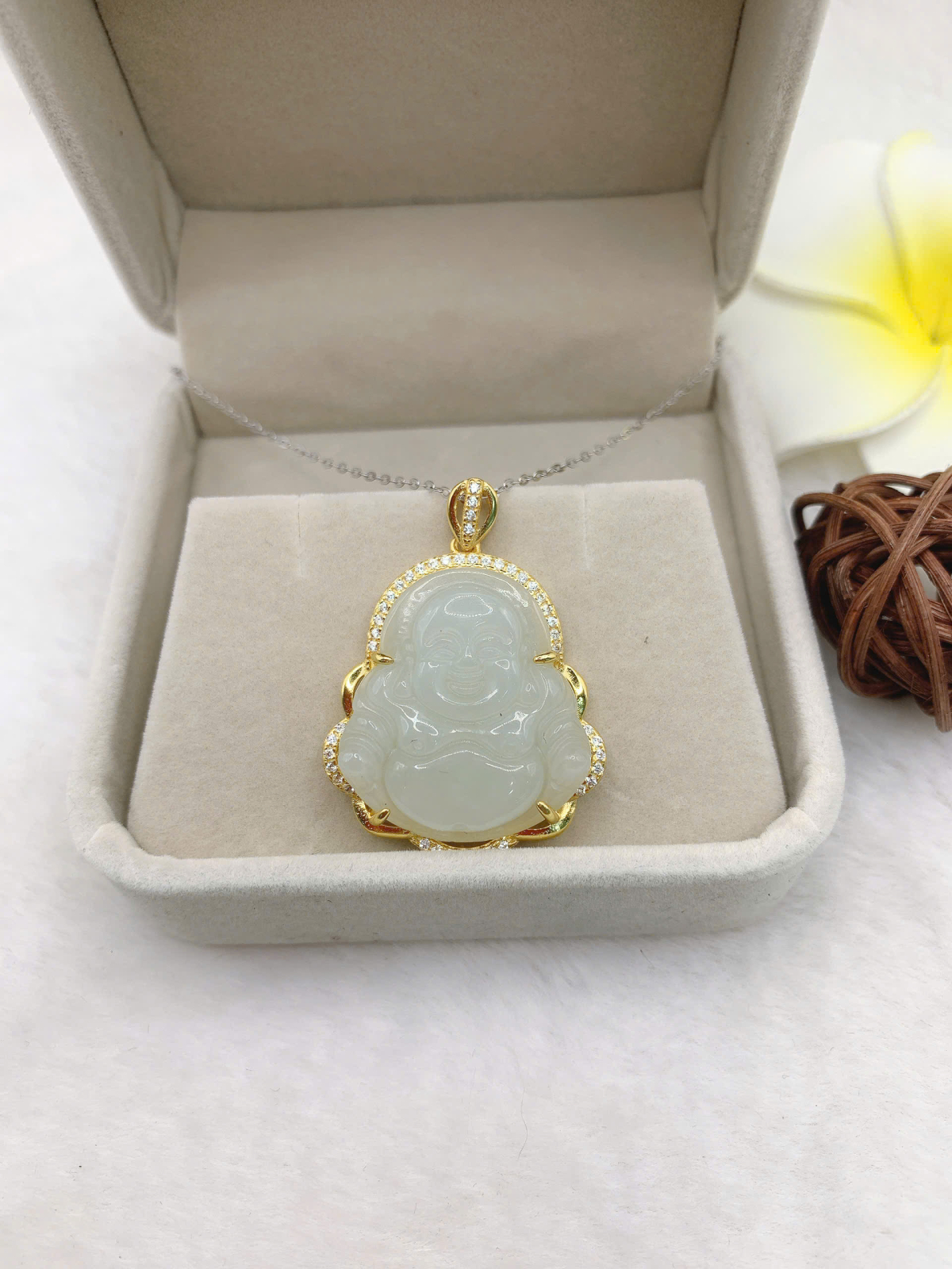 Mặt dây chuyền Phật Di Lặc Bạch Ngọc 22*24mm bạc 925-EW4097-2